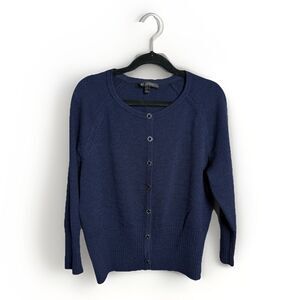 ST JOHN Knit Navy Blue Cardigan Sweater, Size P, Crew Neck